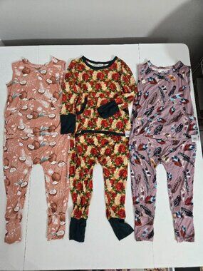 Ready Set Romper Girl Set of 3 Size 2-3T Bamboo Coconuts Feathers Roses Pockets